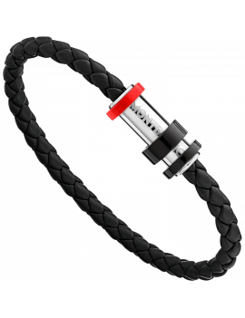 Bracelet en cuir noir tressé avec fermoir en acier, finition PVD noir et trois anneaux