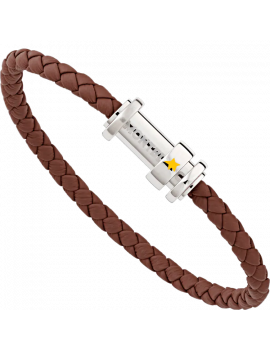 Bracelet ( S) en cuir tressé marron avec fermoir en acier et trois anneaux