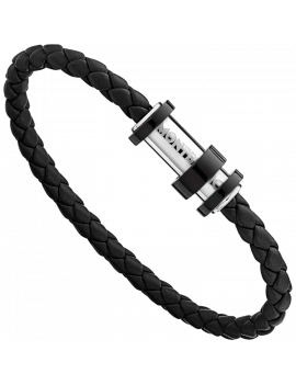 Bracelet (L)  en cuir noir tressé avec fermoir en acier, finition PVD noir et trois anneaux
