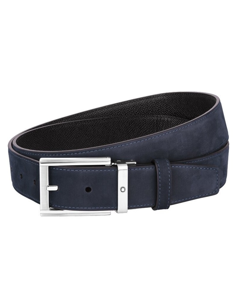 Ceinture réversible à boucle ardillon rectangulaire en acier inoxydable poli et mat noir et bleu