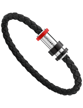 Bracelet en cuir noir tressé avec fermoir en acier, finition PVD noir et trois anneaux