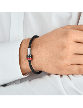 Bracelet en cuir noir tressé avec fermoir en acier, finition PVD noir et trois anneaux