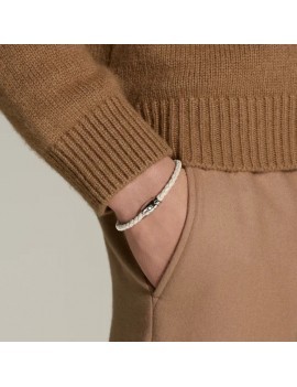 Bracelet acier 3 anneaux Collection Meisterstück en cuir beige nuage (L)