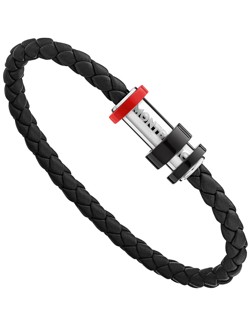 Bracelet en cuir noir tressé avec fermoir en acier, finition PVD noir et trois anneaux Bracelet en cuir noir tressé avec fermoir en acier, finition PVD noir et trois anneaux