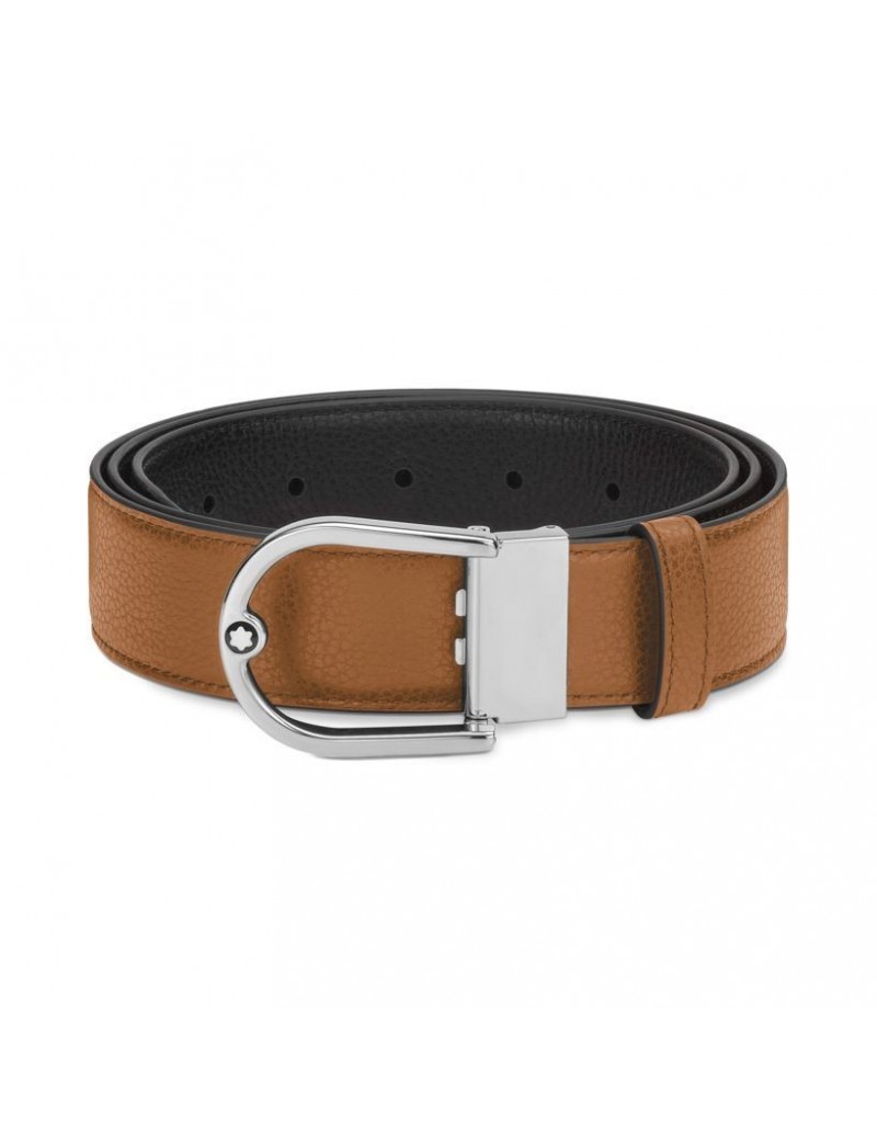 Ceinture réversible en cuir 35 mm boucle fer à cheval grainé caramel/noir Ceinture réversible en cuir 35 mm boucle fer à cheval grainé caramel/noir