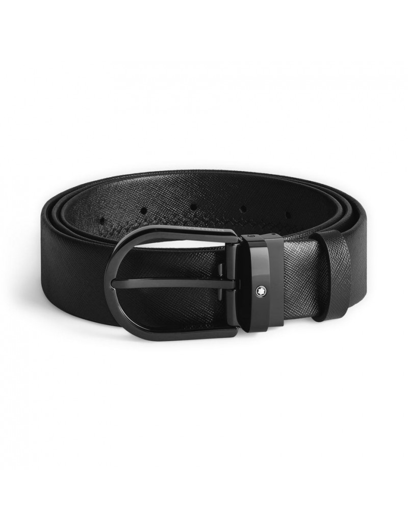 Ceinture en cuir noir 35mm avec boucle ardillon en finition PVD noire en forme de fer à cheval Ceinture en cuir noir 35mm avec boucle ardillon en finition PVD noire en forme de fer à cheval